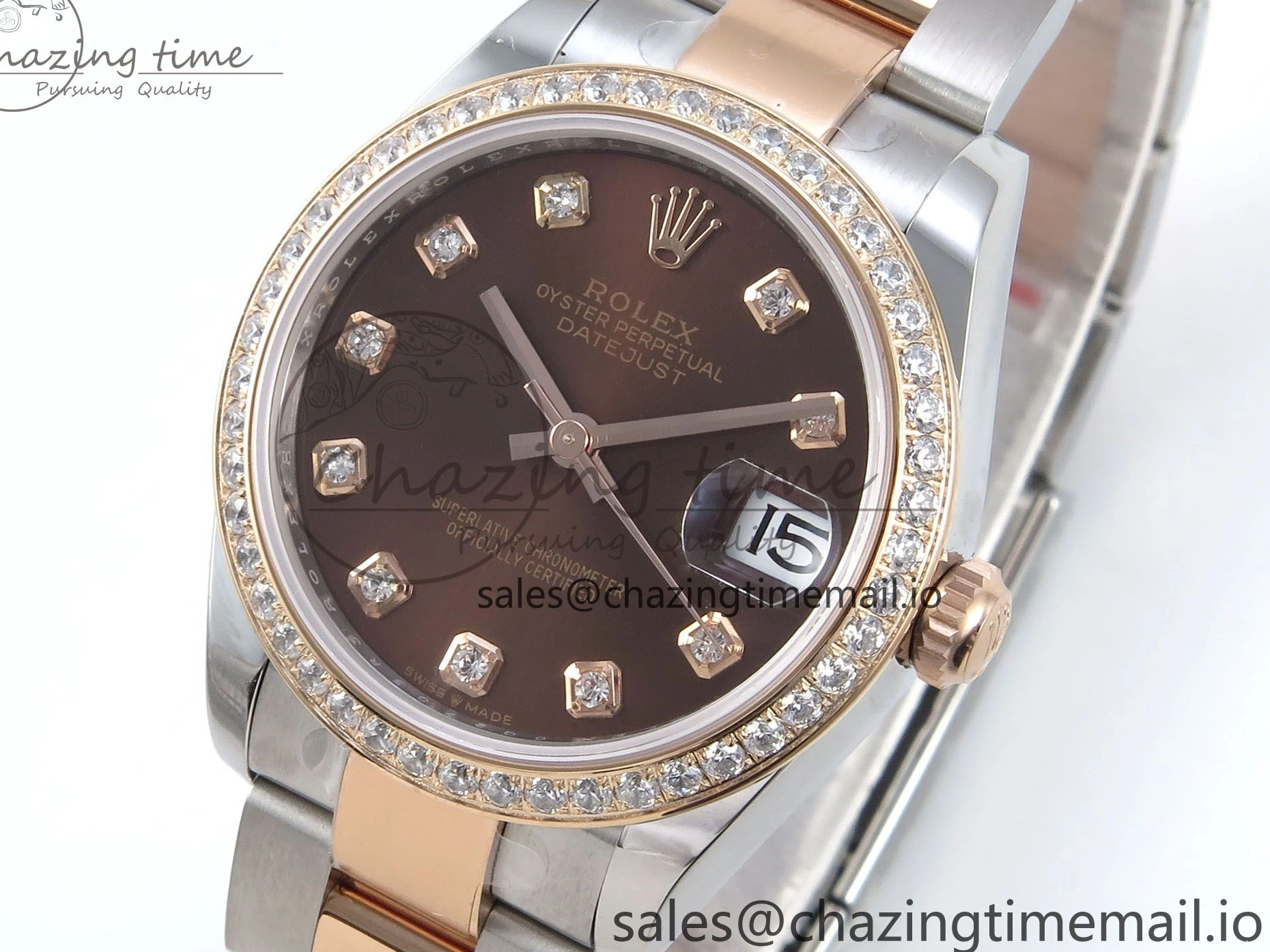 AAA Replica Watches 31 Oyster Dial 904L ETA Diamonds Bezel on RG WrinkleFree Best Diamonds Bracelet DateJust 278381RBR 373 Brown Steel ARF 1:1 SS Edition 1225